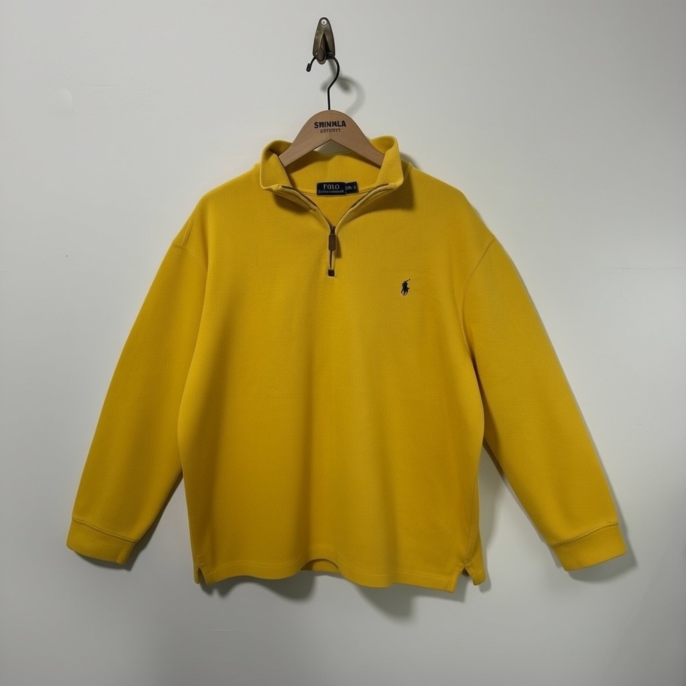 Polo Ralph Lauren Quarter Zip Pullover XXL Yellow Ribbed Cotton Navy‎ Pony